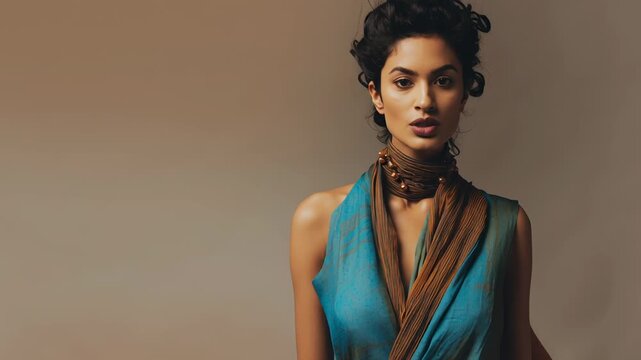 Modern indian woman fashion editorial, simple silhouettes, elegant color harmony, uncluttered background, premium brand-ready style