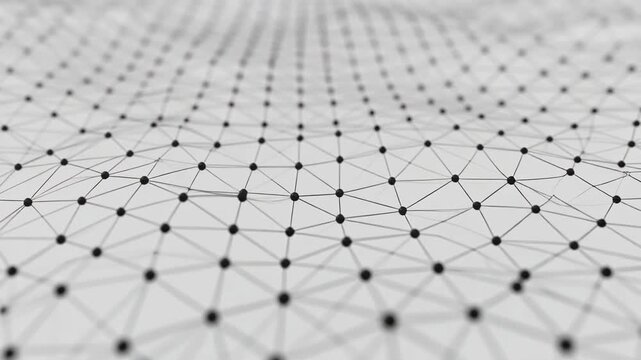 Grid of interconnected black dots forming triangular mesh on white background with depth perspective