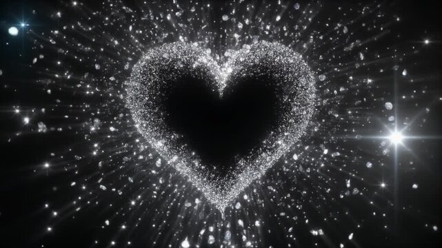 Luxury silver glitter heart with sparkling crystal particles, premium shine effect, black 