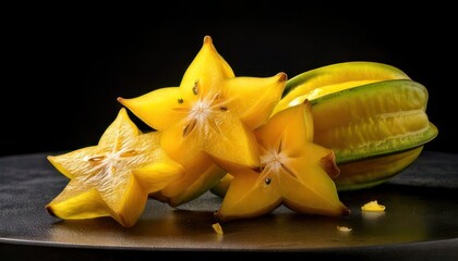 Star Fruit Still Life - Vibrant Yellow Carambola on Dark Surface.