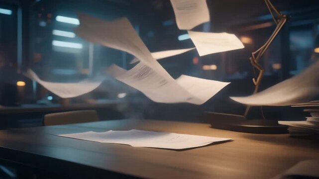 Documents flying off a desk in a dimly lit office environment.