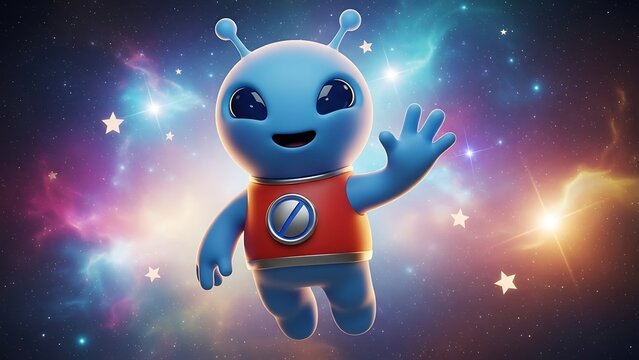 Cute Blue Alien Waving Hello in a Colorful Galaxy.