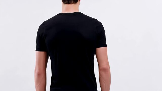 Model showcases basic black t-shirt in simple studio setting for fashion display and public awareness