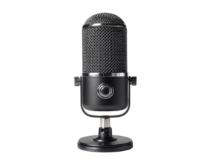 Generic USB microphone on a small stand with sharp metal mesh texture isolated on transparent background.
