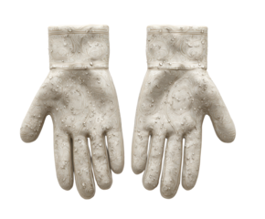 Reusable dishwashing glove set with water droplets isolated on transparent background.
