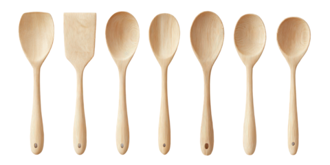Set of plain wooden kitchen utensils spoon spatula and ladle aligned in a row isolated on transparent background.
