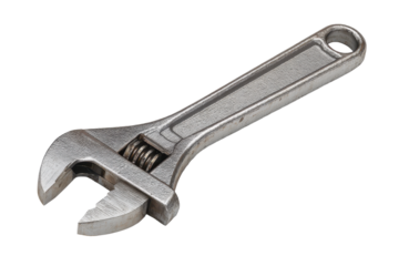 Generic adjustable wrench with crisp metal texture isolated on transparent background.
