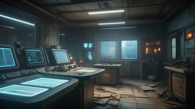 Abandoned control room with old computer equipment and dim lighting.