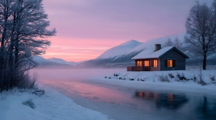 Cozy cabin illuminated by warm light during winter sunrise
