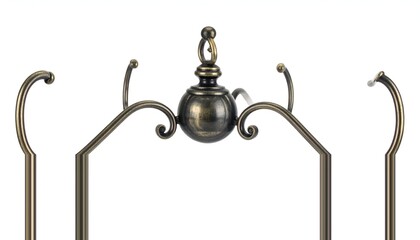 Decorative bronze metal frame with ornate curved elements, isolated on white