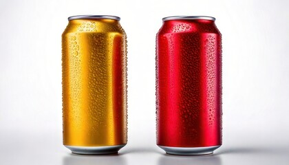 Two aluminum cans of soda in gold and red colors.
