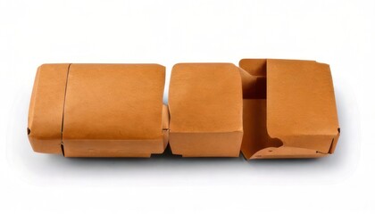 Three brown paper food containers in a row.