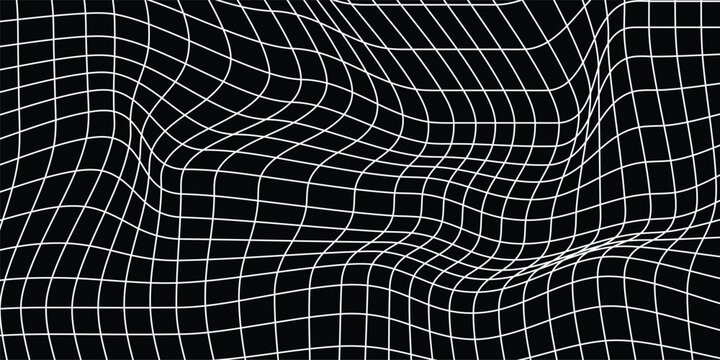 Futuristic perspective grid box. Abstract wireframe with white grid line on black background.