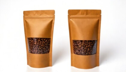 Two Brown Kraft Paper Coffee Bags with Window Display.