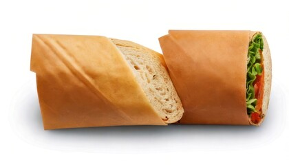 Two halves of a sandwich wrapped in brown paper.
