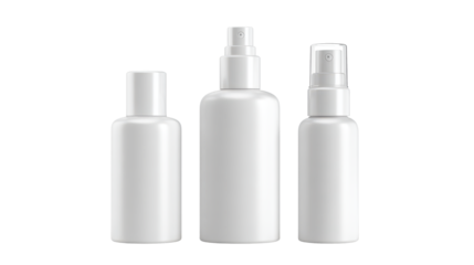 Blank travel toiletry bottle set with three small bottles and one spray isolated on transparent background.
