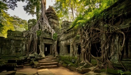 Fototapeta premium Ta Prohm Temple - Ancient Ruins Embraced by Jungle Roots in Cambodia.