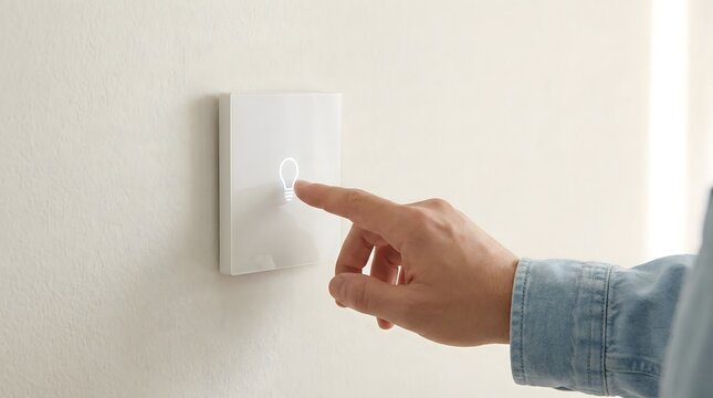 Man touching smart light switch on modern wall,gesture control home automation concept,illuminated icon interface for energy saving and smart house lighting system