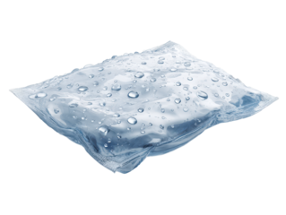 Generic reusable ice pack with condensation droplets isolated on transparent background.
