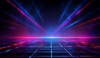 Abstract Retro Sci-Fi Background with Blue and Red Neon Lights.