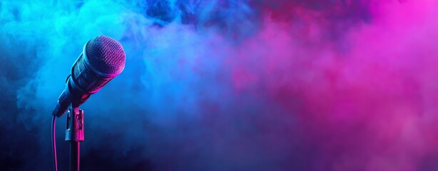 Microphone on Stage with Smoke in Blue and Pink