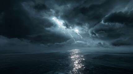Dramatic Lightning Storm Over Dark Ocean Waves