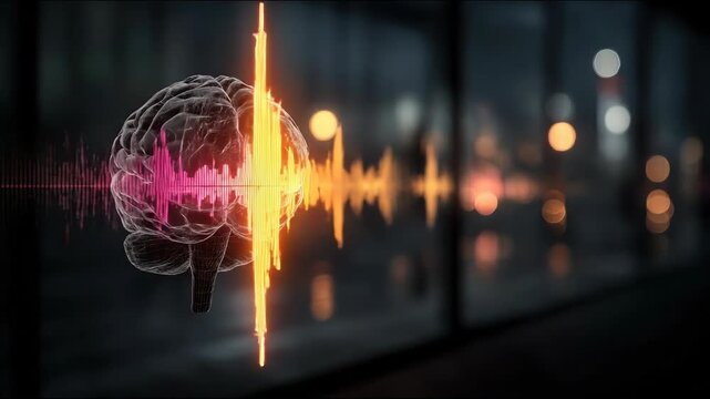 Intricate brain illustration with sound wave symbolizing neural connections and timelines in an innovative. Neural Audio Visualization &ndash; Brain with Soundwave Loop