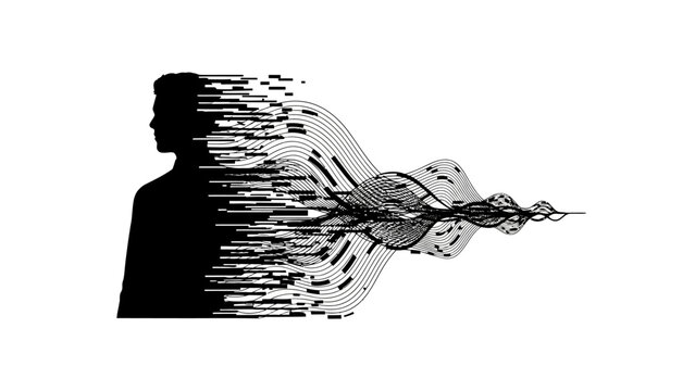 Black silhouette of a man with digital glitch effect disintegrating into pixels and distorted lines with distortion and error and technology
