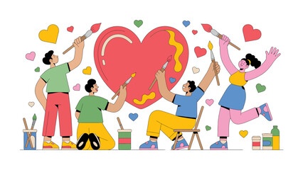 Heartfelt Art: A joyful collective brings a vibrant heart to life, painting a canvas of love, community, and creativity together. © Karima