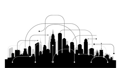 A sleek black and white city skyline silhouette at dusk with modern architecture and abstract network connections with skyscraper and urban and landscape