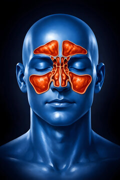 An anatomical illustration of a blue human head featuring highlighted orange paranasal sinuses, including the frontal, ethmoid, and maxillary sinuses, set against a dark background.