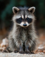 baby raccoon sitting quietly, bottom placement, copy space top