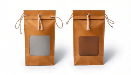 Two brown paper bags with drawstring closures and windows.