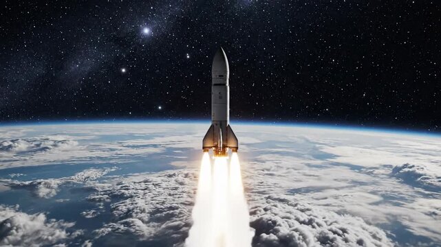 Rocket Launching into the Earth's Atmosphere with Bright Flames and Cloud Cover