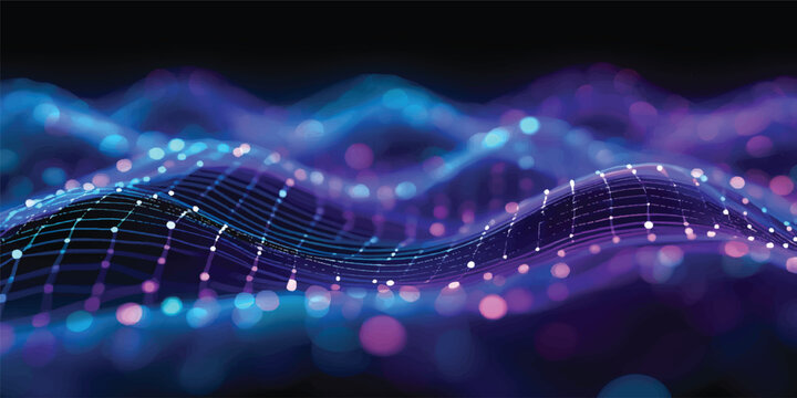 Dynamic blue lines and wave motion pattern backdrop with glowing light effect on a DNA strand helix background