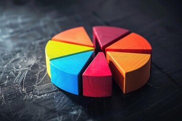 Colorful wooden pie chart segments arranging on a dark background showing data breakdown