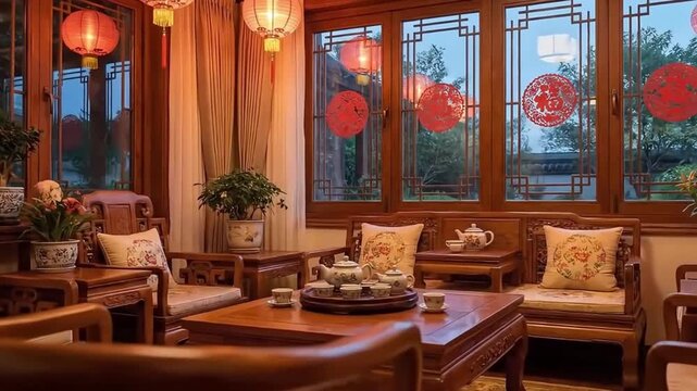 Cozy living room interior, Neo-traditional Chinese style, carved wooden Ming dynasty furniture 4K Videos