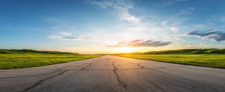 The Road Leading to a Vibrant Sunset Over Open Green Fields - Powered by Adobe