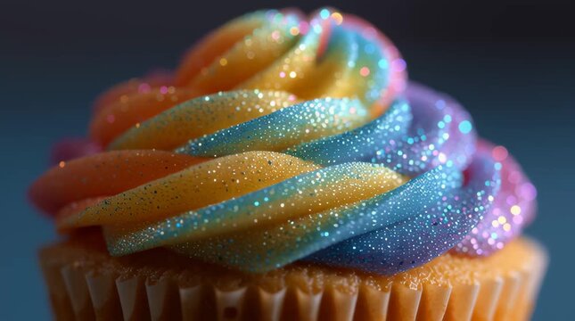 Rainbow cupcake frosting swirl glitter pastel closeup sprinkle sweet dessert dreamy party treat with sparkling sugar soft icing sparkle