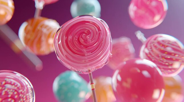 Pink swirl lollipop on stick with floating round candy and pastel swirl confection sweets sweet lollipop candy pastel stick swirl confection round