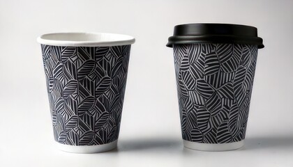 Two patterned paper coffee cups, one with a black lid.