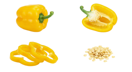 Yellow Bell Pepper Whole And Sliced, Halved With Exposed Seeds, Neat Rings And Small Pile Of Seeds On White