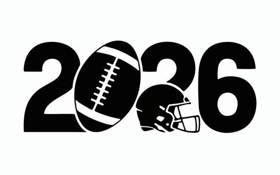 2026 football season design with helmet and ball, Bold black 2026 typography featuring a football and helmet icon, ideal for American football events, schedules, and promotional graphics.

