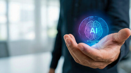 Generative ai high level planning concept glowing brain hologram in businessman hand digital innovation future technology strategy vision