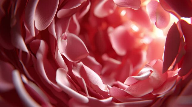 Romantic pink rose petal tunnel soft pink flower petal close up macro with gentle light and delicate texture in romantic motion