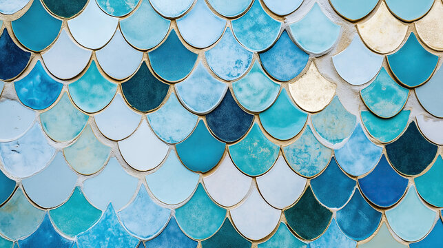 Blue and turquoise fish scale tiles with gold accents create texture.