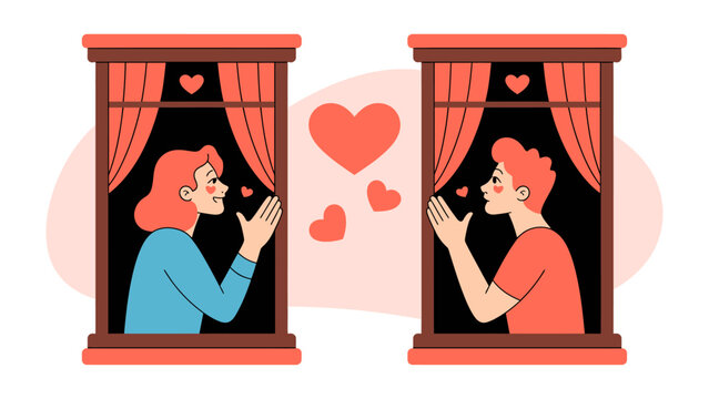 Love Across the Windows: A touching illustration of two individuals separated by windows, their love transcends distance with a cascade of hearts and tender gazes. 