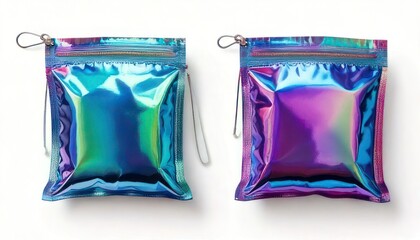 Two iridescent cosmetic bags with zipper and drawstring closure.