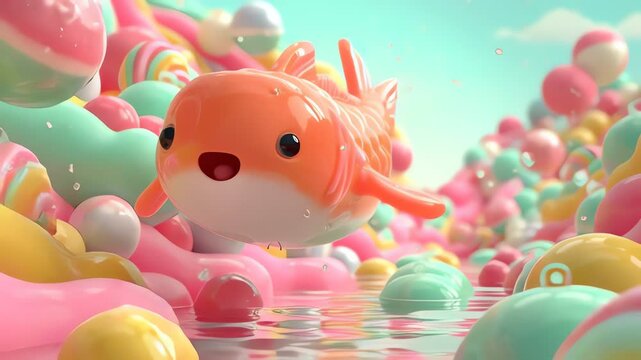 Adorable Salmon cartoon fish swimming in a sweet gummy candy world