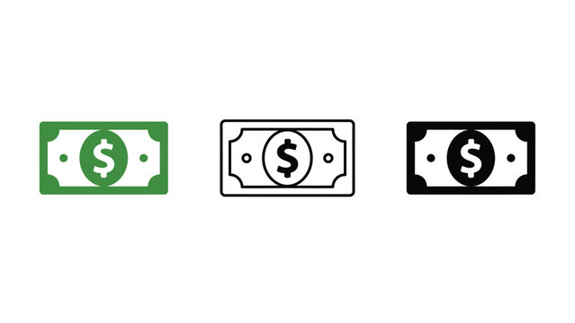 Three different dollar bill icons in green, black and white on a plain background